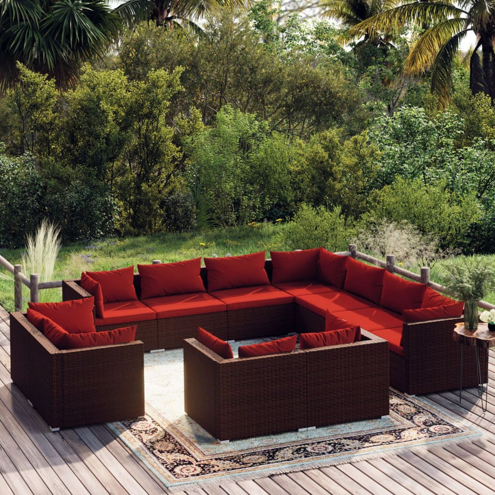 11-tlg. Garten-Lounge-Set mit Kissen Braun Poly Rattan