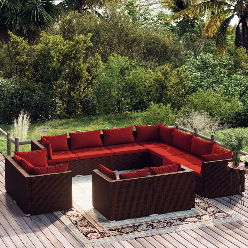 11-tlg. Garten-Lounge-Set mit Kissen Braun Poly Rattan