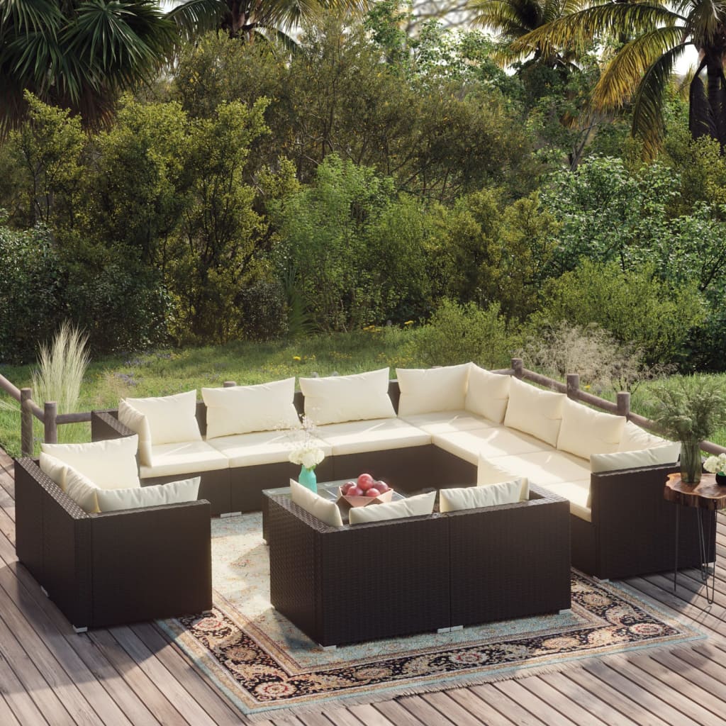 12-tlg. Garten-Lounge-Set mit Kissen Schwarz Poly Rattan