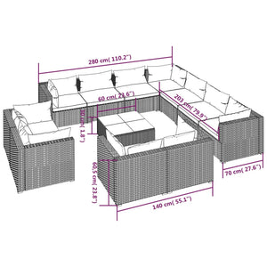12-tlg. Garten-Lounge-Set mit Kissen Schwarz Poly Rattan