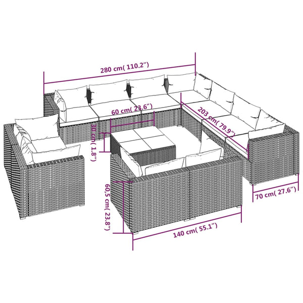 12-tlg. Garten-Lounge-Set mit Kissen Schwarz Poly Rattan