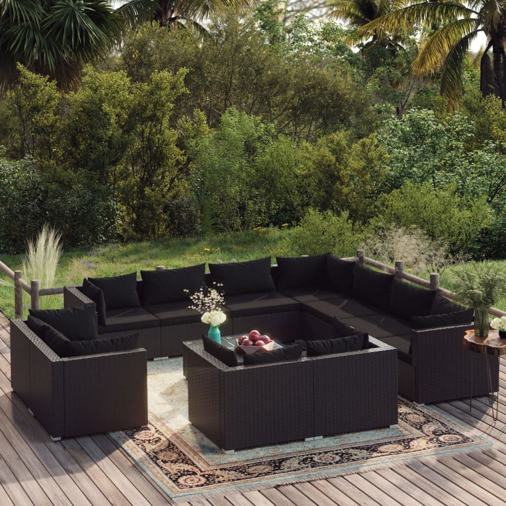 12-tlg. Garten-Lounge-Set mit Kissen Schwarz Poly Rattan