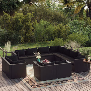 12-tlg. Garten-Lounge-Set mit Kissen Schwarz Poly Rattan