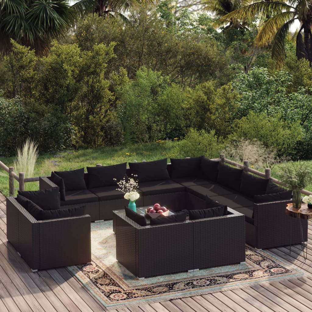 12-tlg. Garten-Lounge-Set mit Kissen Schwarz Poly Rattan