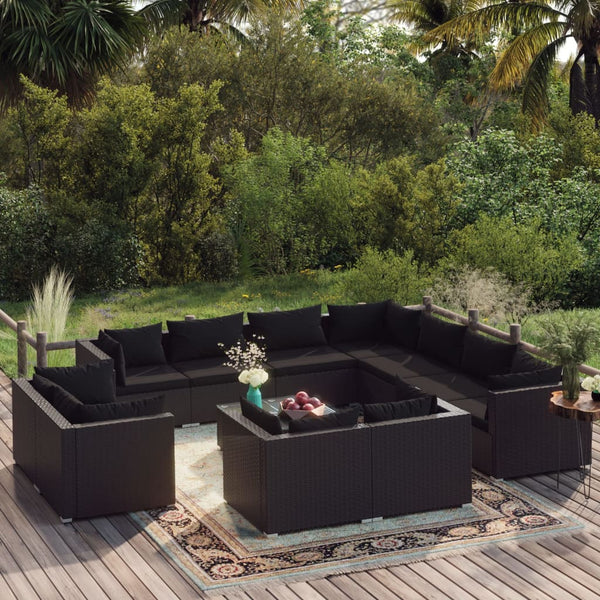 12-tlg. Garten-Lounge-Set mit Kissen Schwarz Poly Rattan