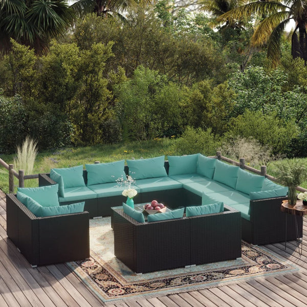 12-tlg. Garten-Lounge-Set mit Kissen Schwarz Poly Rattan