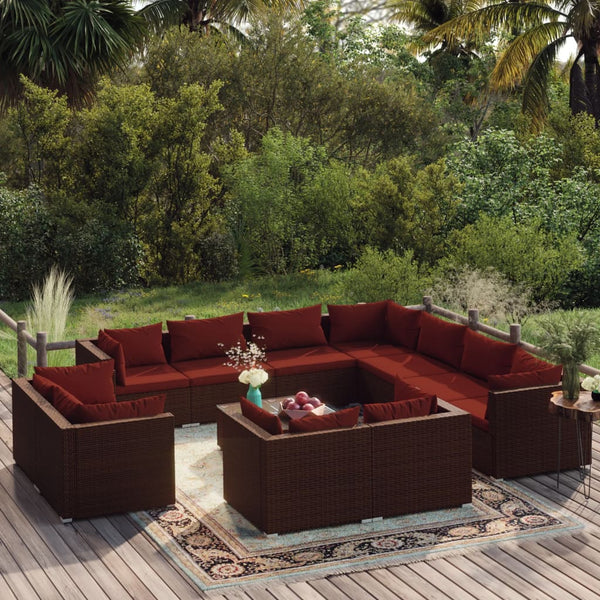 12-tlg. Garten-Lounge-Set mit Kissen Braun Poly Rattan