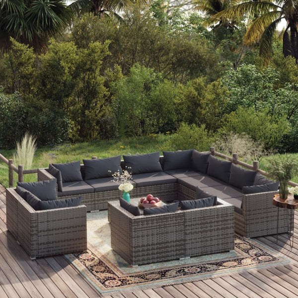 12-tlg. Garten-Lounge-Set mit Kissen Grau Poly Rattan