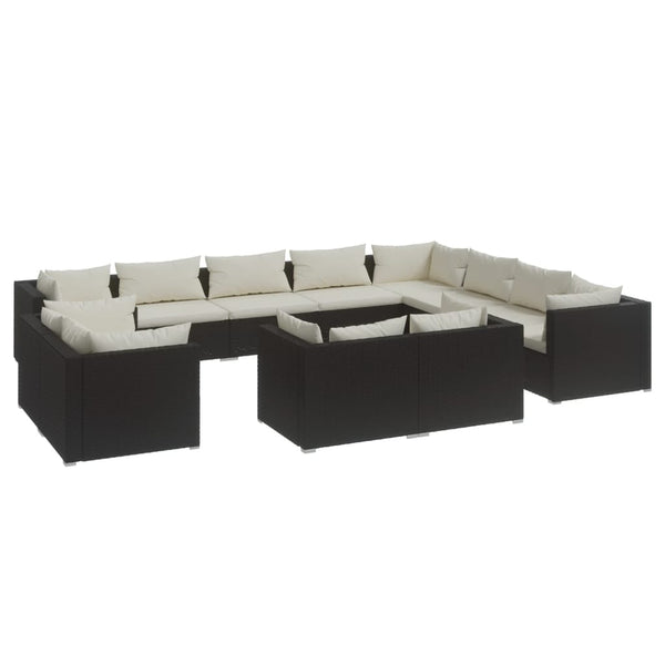 12-tlg. Garten-Lounge-Set mit Kissen Schwarz Poly Rattan