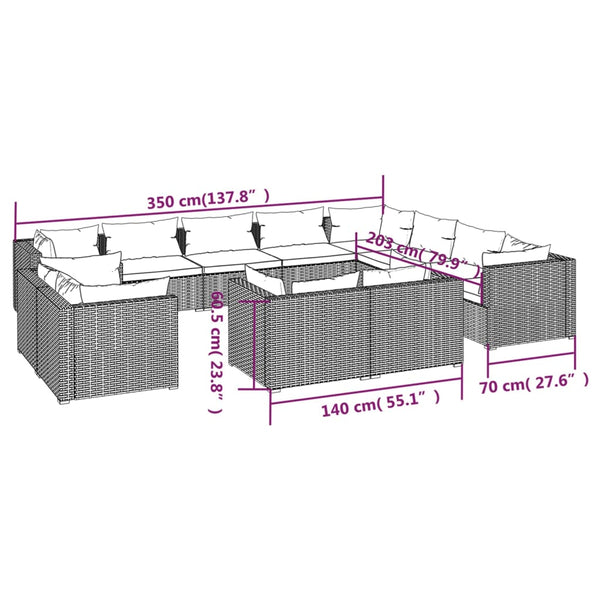 12-tlg. Garten-Lounge-Set mit Kissen Schwarz Poly Rattan