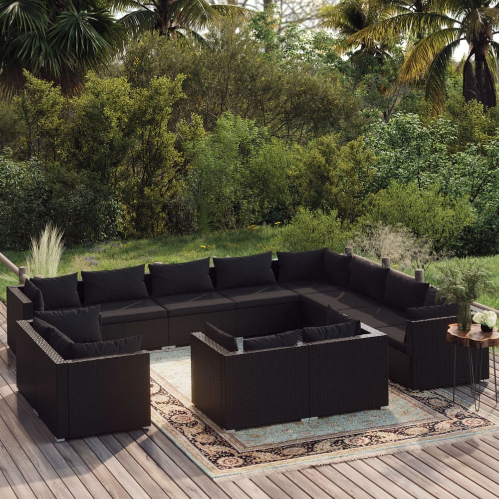12-tlg. Garten-Lounge-Set mit Kissen Schwarz Poly Rattan