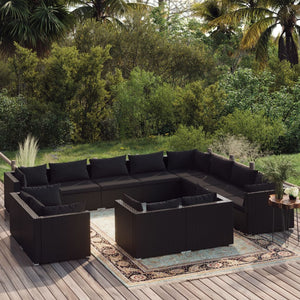 12-tlg. Garten-Lounge-Set mit Kissen Schwarz Poly Rattan