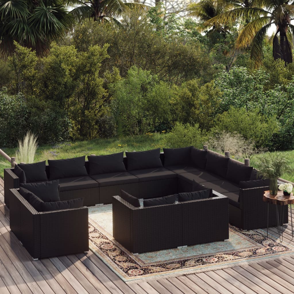 12-tlg. Garten-Lounge-Set mit Kissen Schwarz Poly Rattan