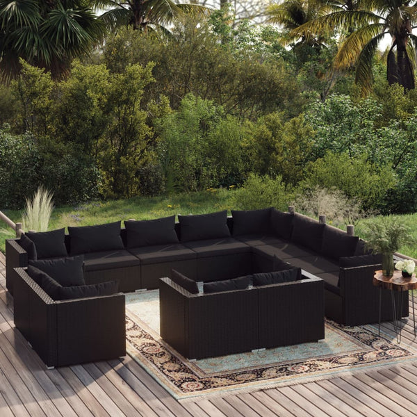 12-tlg. Garten-Lounge-Set mit Kissen Schwarz Poly Rattan