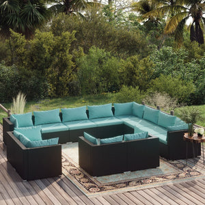 12-tlg. Garten-Lounge-Set mit Kissen Schwarz Poly Rattan