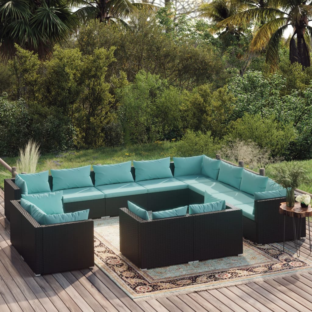 12-tlg. Garten-Lounge-Set mit Kissen Schwarz Poly Rattan