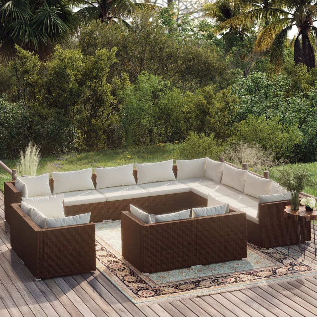 12-tlg. Garten-Lounge-Set mit Kissen Braun Poly Rattan