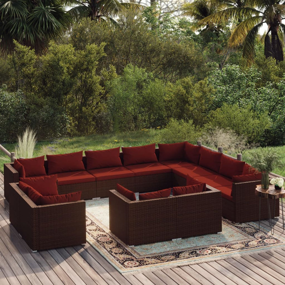 12-tlg. Garten-Lounge-Set mit Kissen Braun Poly Rattan