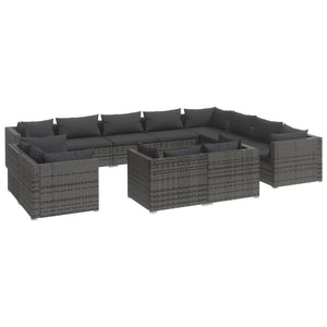 12-tlg. Garten-Lounge-Set mit Kissen Grau Poly Rattan