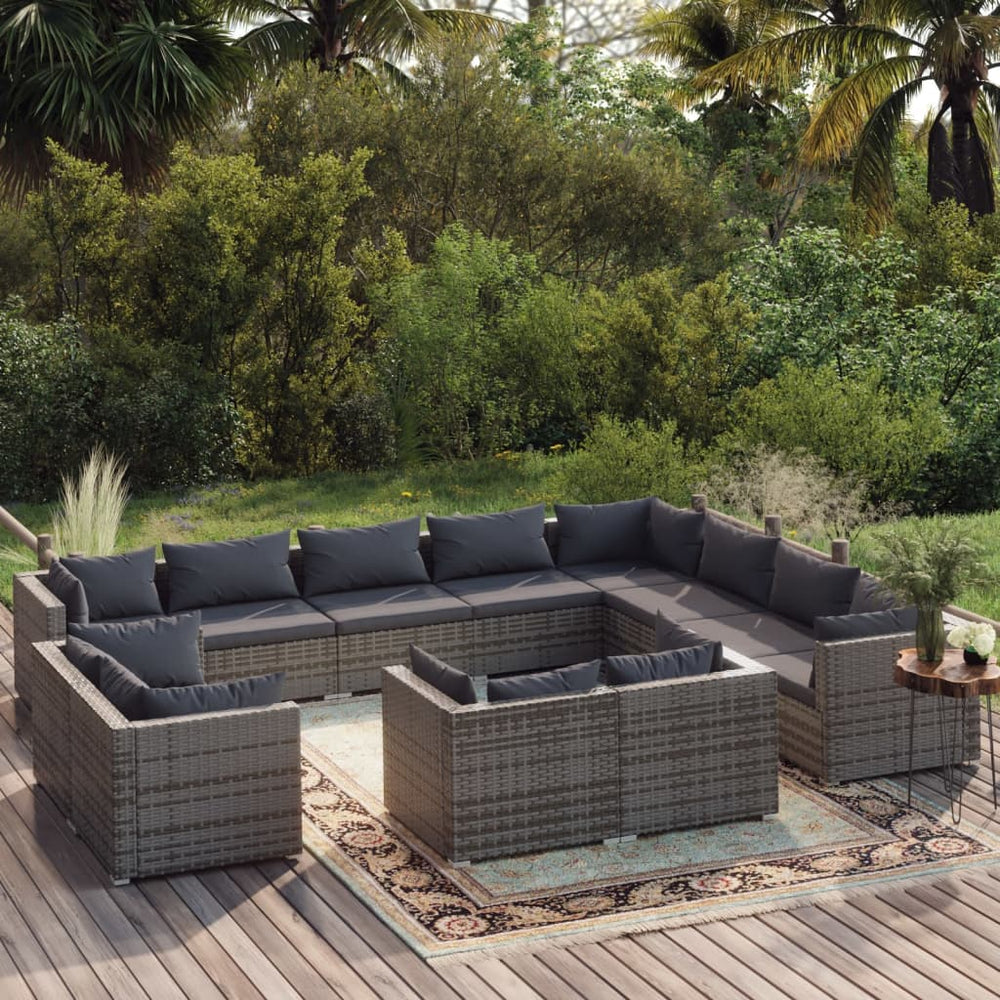 12-tlg. Garten-Lounge-Set mit Kissen Grau Poly Rattan