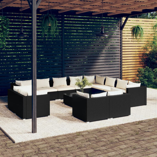 13-tlg. Garten-Lounge-Set mit Kissen Schwarz Poly Rattan