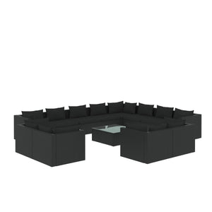 13-tlg. Garten-Lounge-Set mit Kissen Schwarz Poly Rattan
