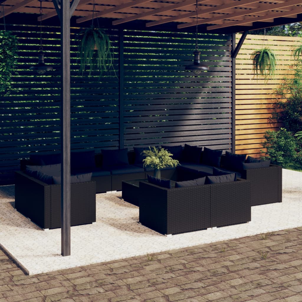 13-tlg. Garten-Lounge-Set mit Kissen Schwarz Poly Rattan