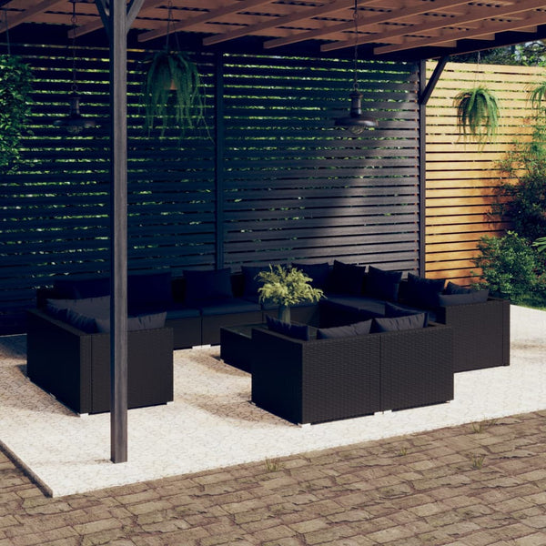 13-tlg. Garten-Lounge-Set mit Kissen Schwarz Poly Rattan