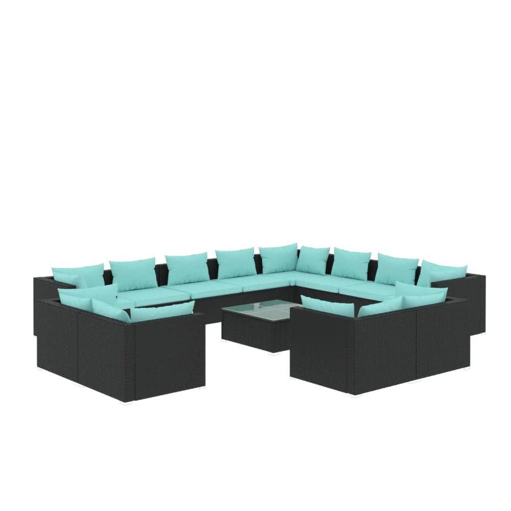 13-tlg. Garten-Lounge-Set mit Kissen Schwarz Poly Rattan