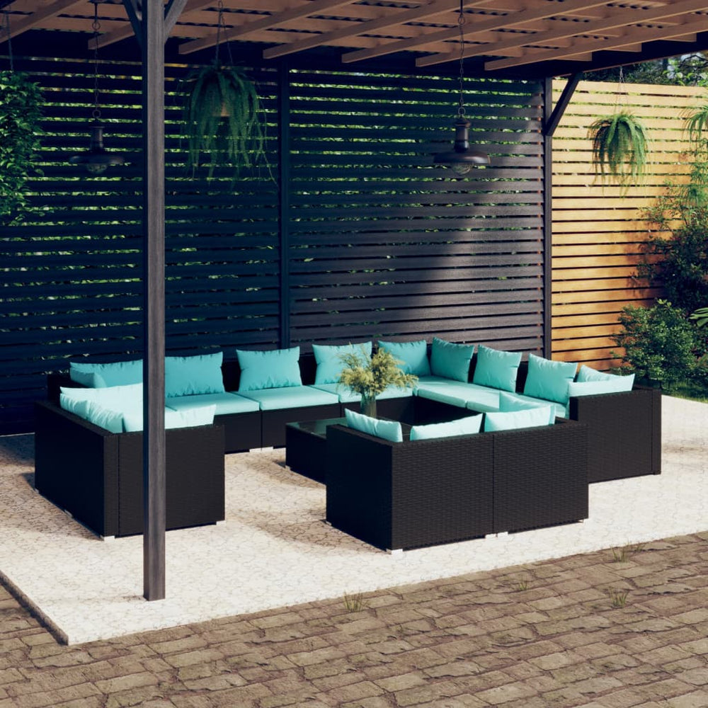 13-tlg. Garten-Lounge-Set mit Kissen Schwarz Poly Rattan