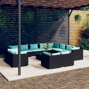 13-tlg. Garten-Lounge-Set mit Kissen Schwarz Poly Rattan