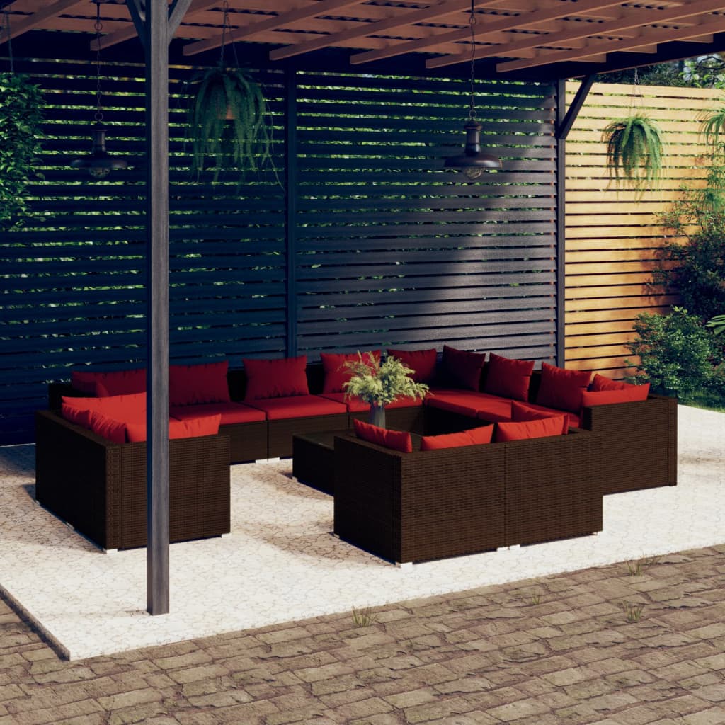 13-tlg. Garten-Lounge-Set mit Kissen Braun Poly Rattan