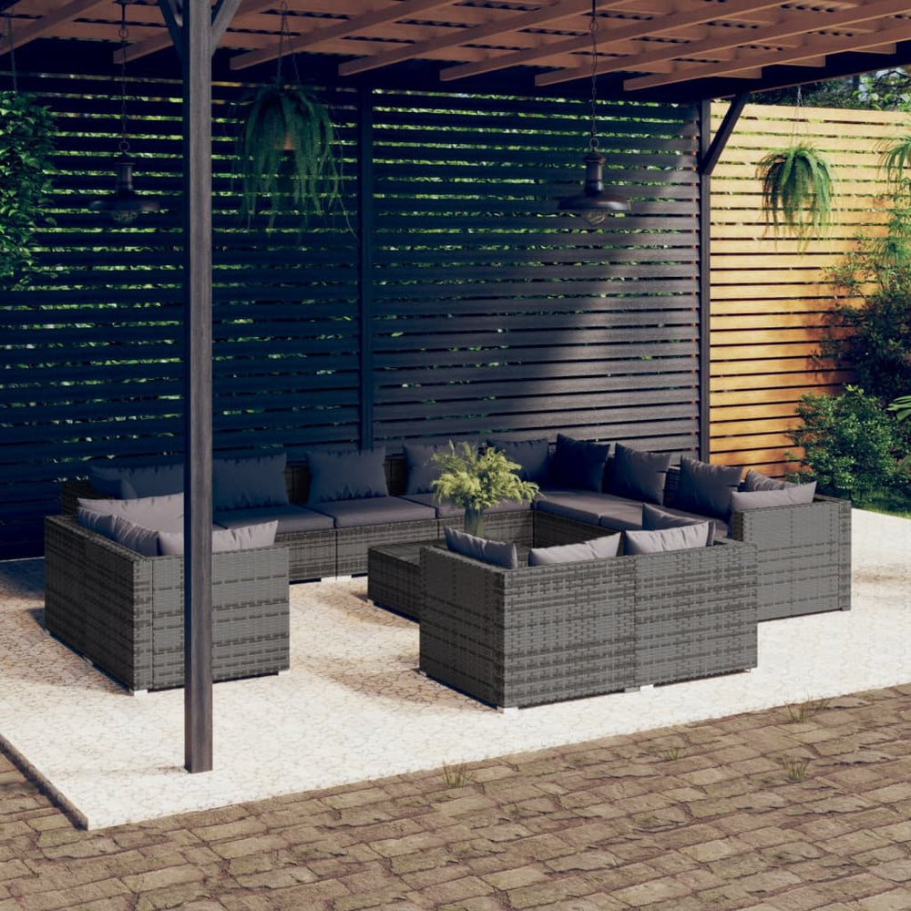 13-tlg. Garten-Lounge-Set mit Kissen Grau Poly Rattan