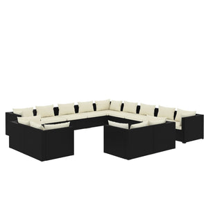 13-tlg. Garten-Lounge-Set mit Kissen Schwarz Poly Rattan