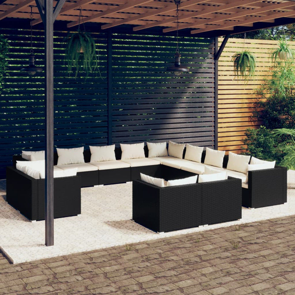 13-tlg. Garten-Lounge-Set mit Kissen Schwarz Poly Rattan