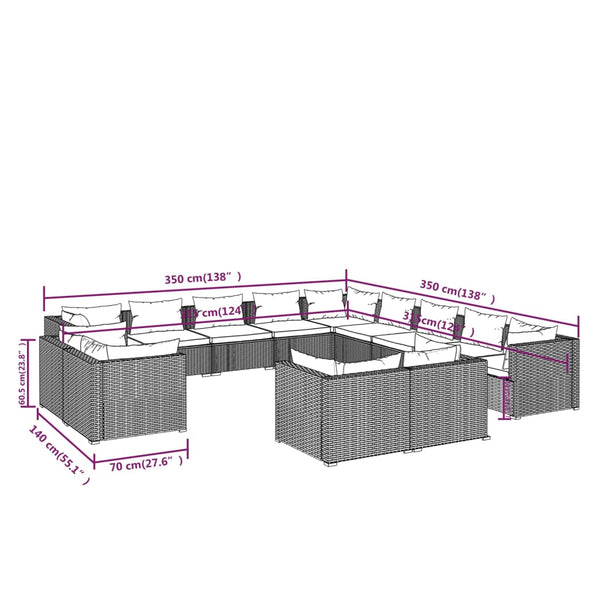 13-tlg. Garten-Lounge-Set mit Kissen Schwarz Poly Rattan