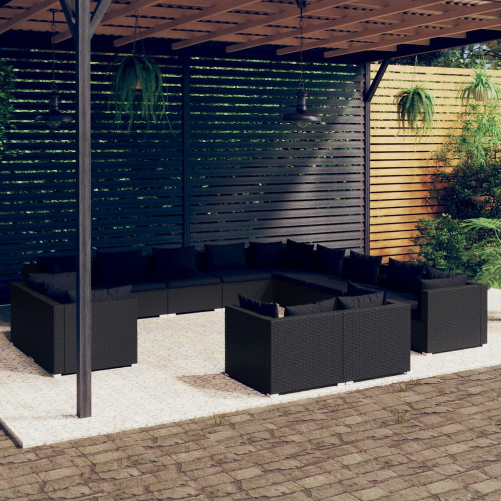 13-tlg. Garten-Lounge-Set mit Kissen Schwarz Poly Rattan