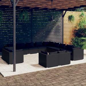 13-tlg. Garten-Lounge-Set mit Kissen Schwarz Poly Rattan