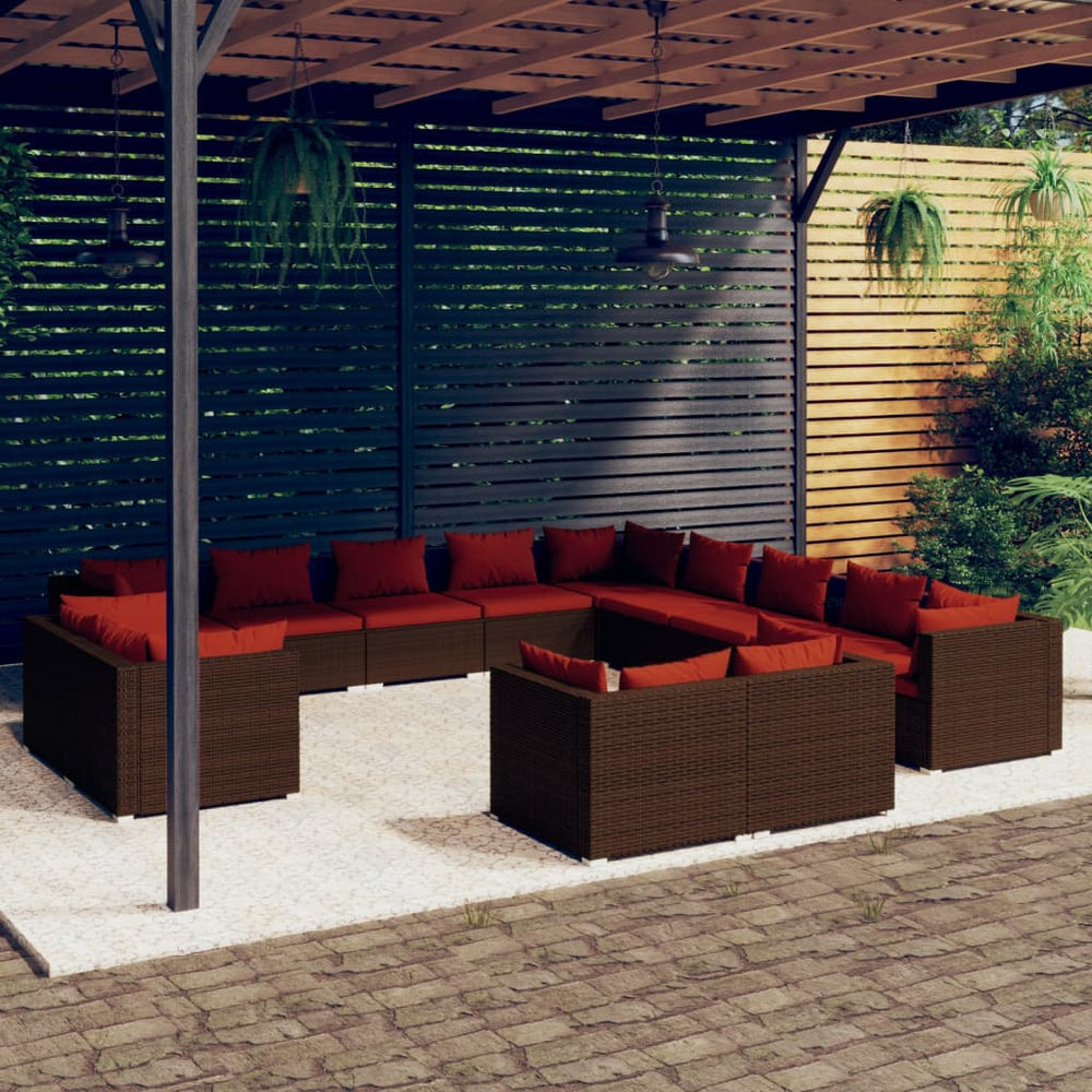 13-tlg. Garten-Lounge-Set mit Kissen Braun Poly Rattan