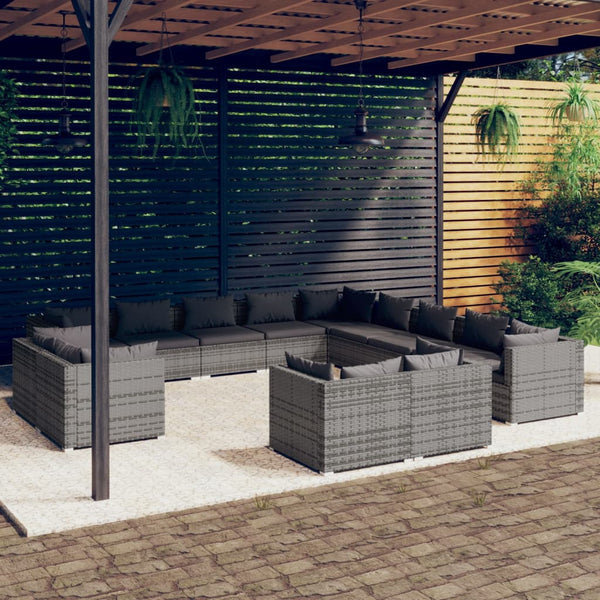 13-tlg. Garten-Lounge-Set mit Kissen Grau Poly Rattan