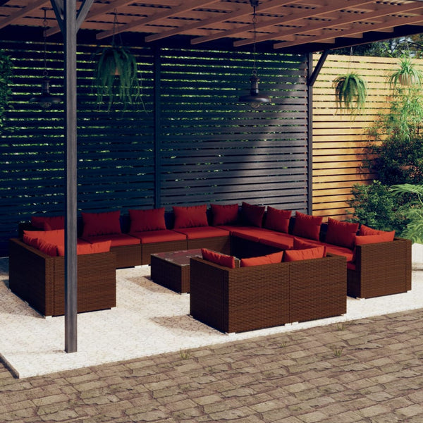 14-tlg. Garten-Lounge-Set mit Kissen Braun Poly Rattan