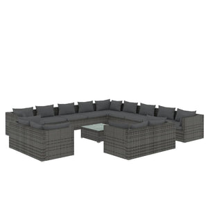 14-tlg. Garten-Lounge-Set mit Kissen Grau Poly Rattan