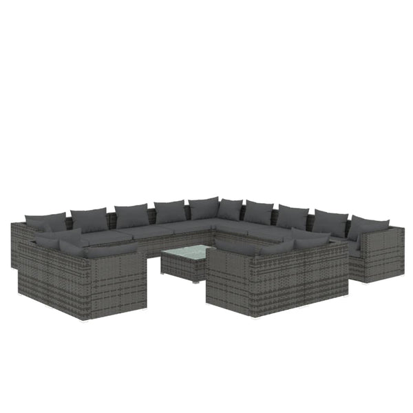 14-tlg. Garten-Lounge-Set mit Kissen Grau Poly Rattan