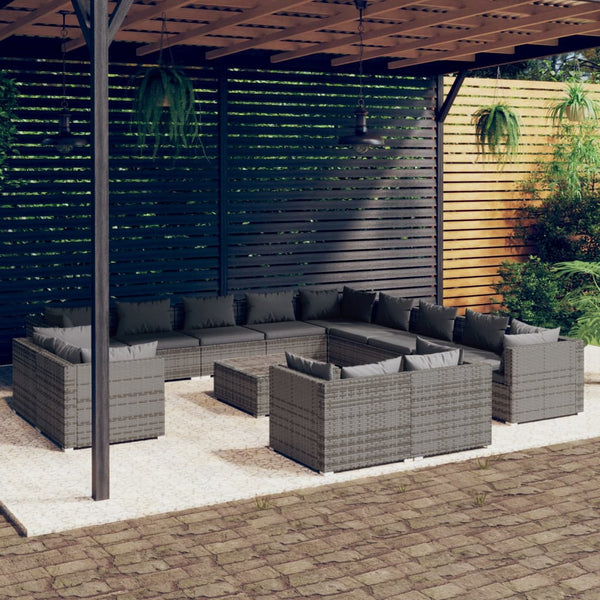 14-tlg. Garten-Lounge-Set mit Kissen Grau Poly Rattan