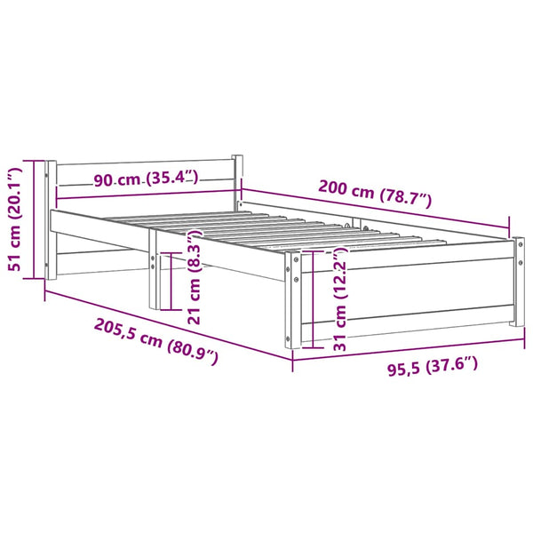 Schwarzes Massivholzbett 90x200 cm
