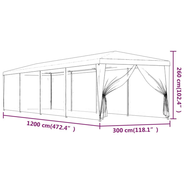 Grünes Partyzelt 3x12 m mit Mesh-Seitenwänden
