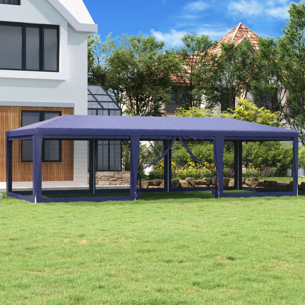 Blaues Partyzelt 9x4 m mit Mesh-Seitenwänden