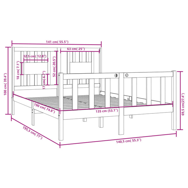 Massivholzbett Schwarz 135x190 cm