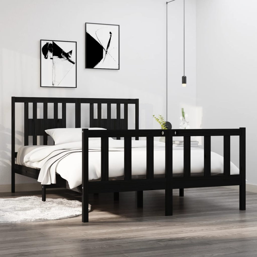 vidaXL Lit en bois massif Noir 135 x 190 cm