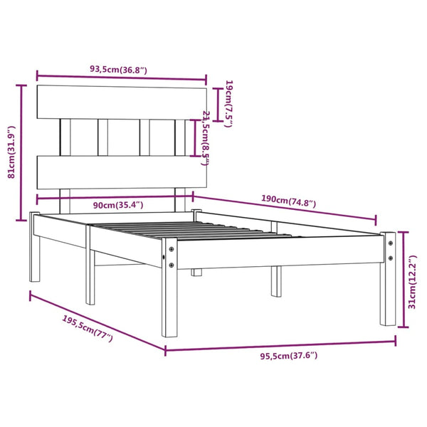 vidaXL Solid Wood Bed 90x190 cm